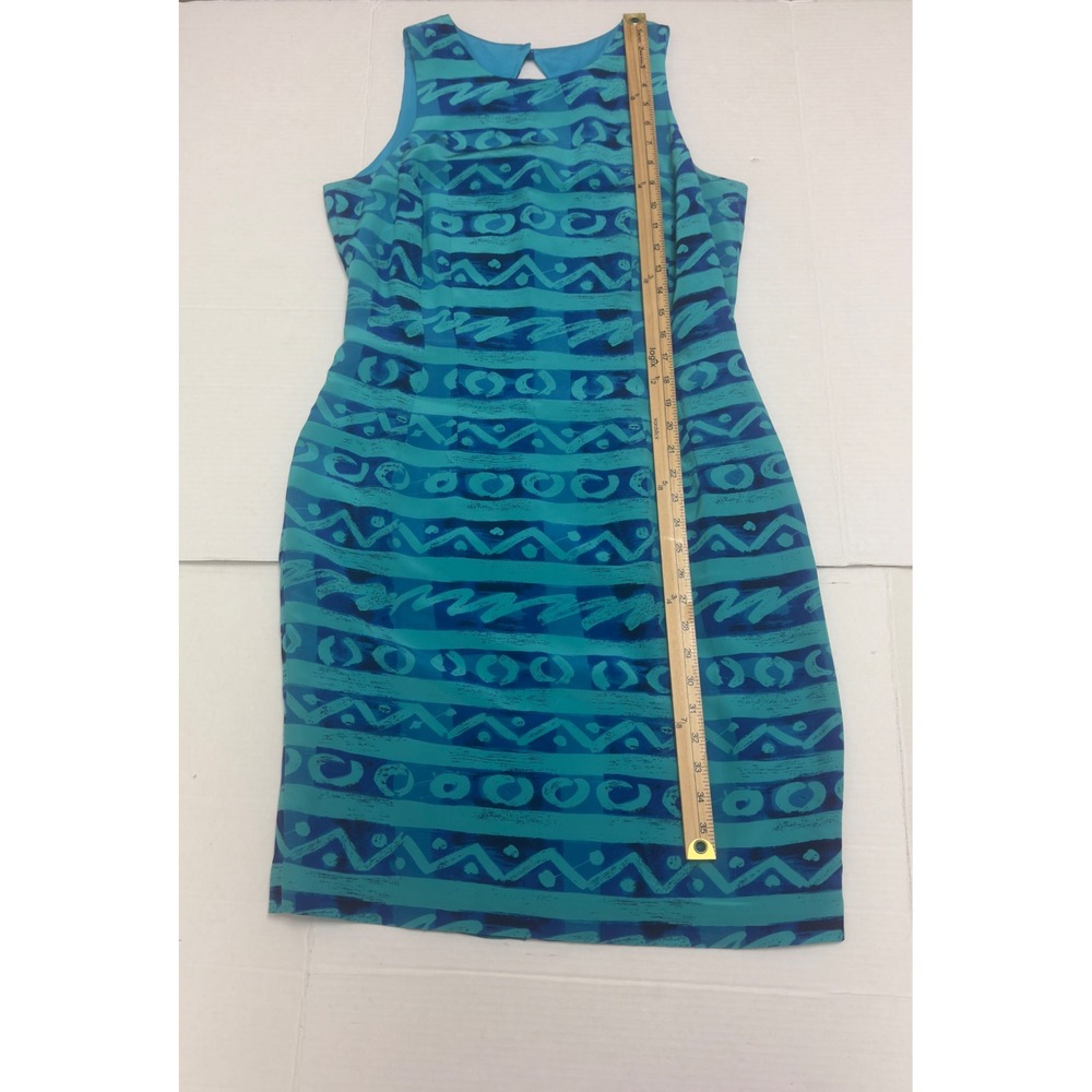 Maggy London Geometric Print Silk Sheath Dress Womens 10 Teal Blue Office - Picture 8 of 9